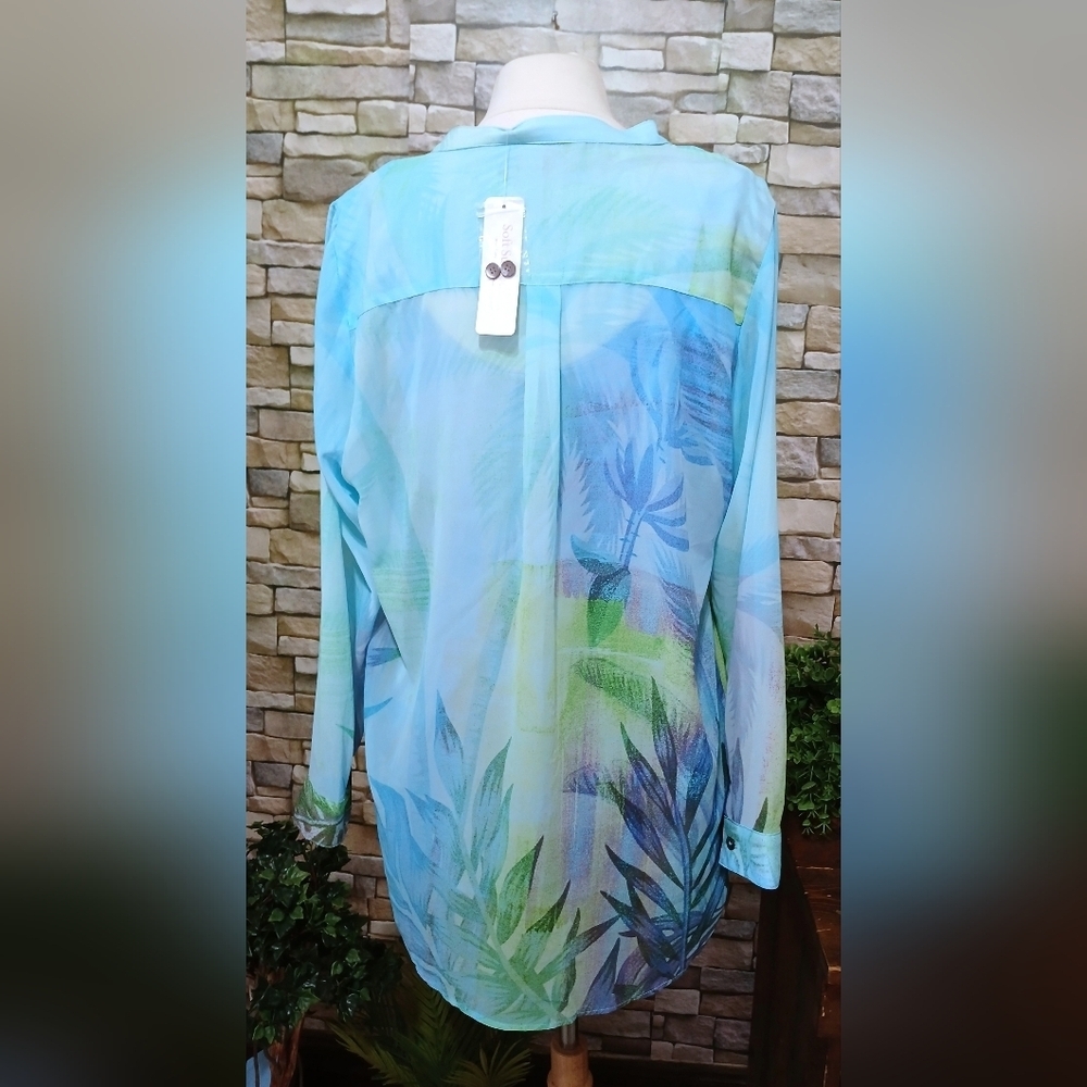 New 2fer Soft Surroundings Large Chiffon Blue Green Floral Blouse Coastal - Picture 2 of 6